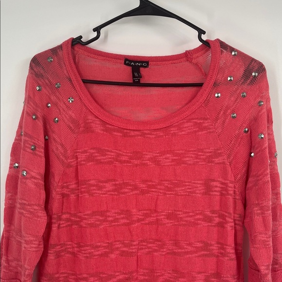 Coral Pink Knit Studded Scoop Neck 3/4 Sleeve Sweater - Picture 5 of 9